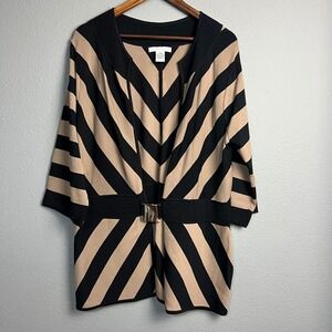 Grace XL Black‎ Beige Striped Sweater Knit Top Buckle Belted 3/4 SL Heavyweight